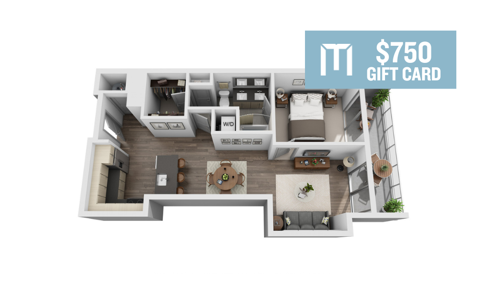 1D - 1 bedroom floorplan layout with 1 bathroom and 844 - 850 square feet