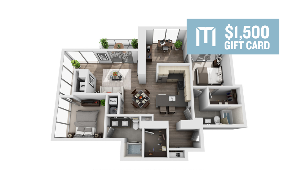 2B - 2 bedroom floorplan layout with 2 bathrooms and 1487 square feet