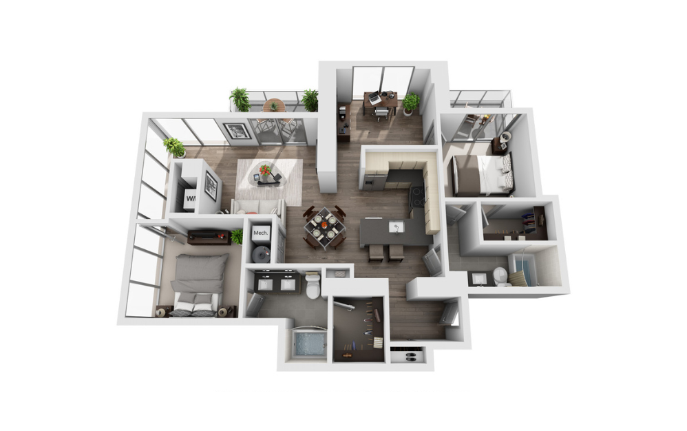 2B - 2 bedroom floorplan layout with 2 bathrooms and 1487 square feet