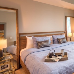 Bedroom with natural lighting and high ceilings