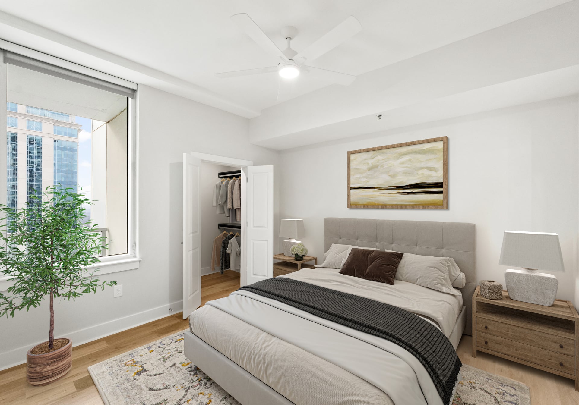 Modern bedroom with a bed, nightstands, large window, potted plant, and open closet door.