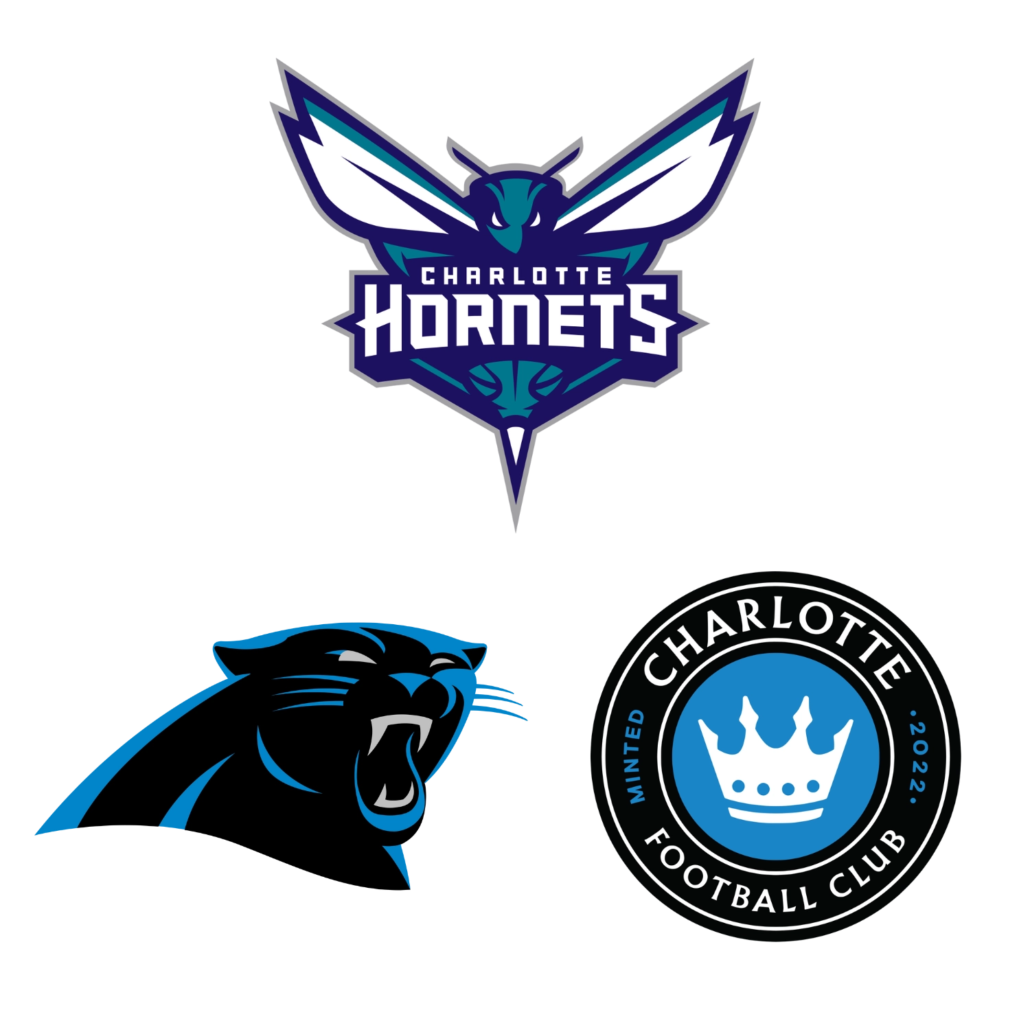Charlotte Hornets, Carolina Panthers, and Charlotte FC logos on a white background.