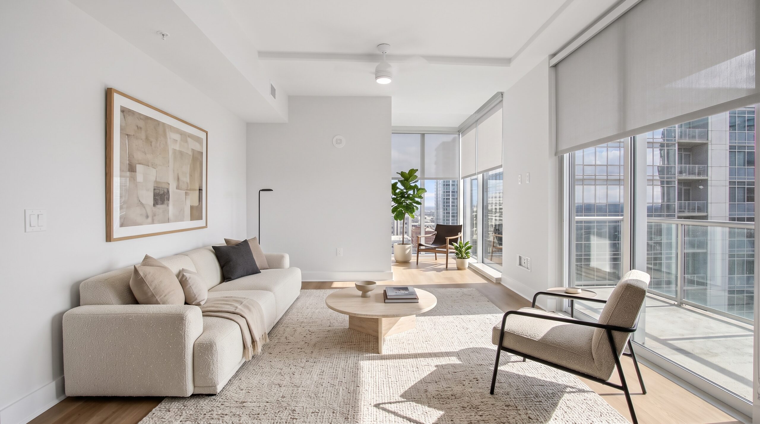 Modern living room with a beige sofa, round coffee table, and an armchair by a large window overlooking a city skyline.