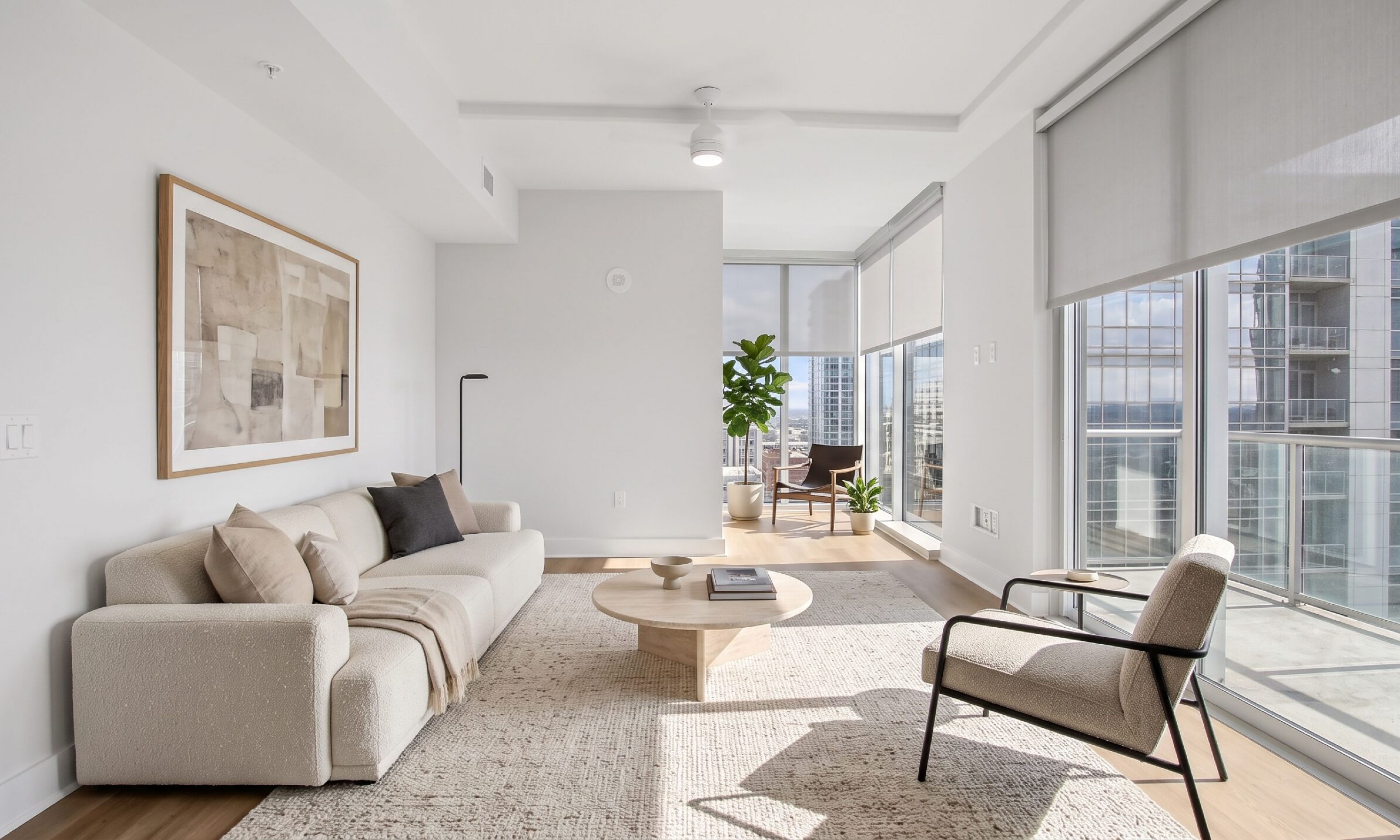 Modern living room with a beige sofa, round coffee table, and an armchair by a large window overlooking a city skyline.